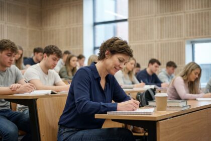 Femme en classe prenant des notes dans un amphi moderne