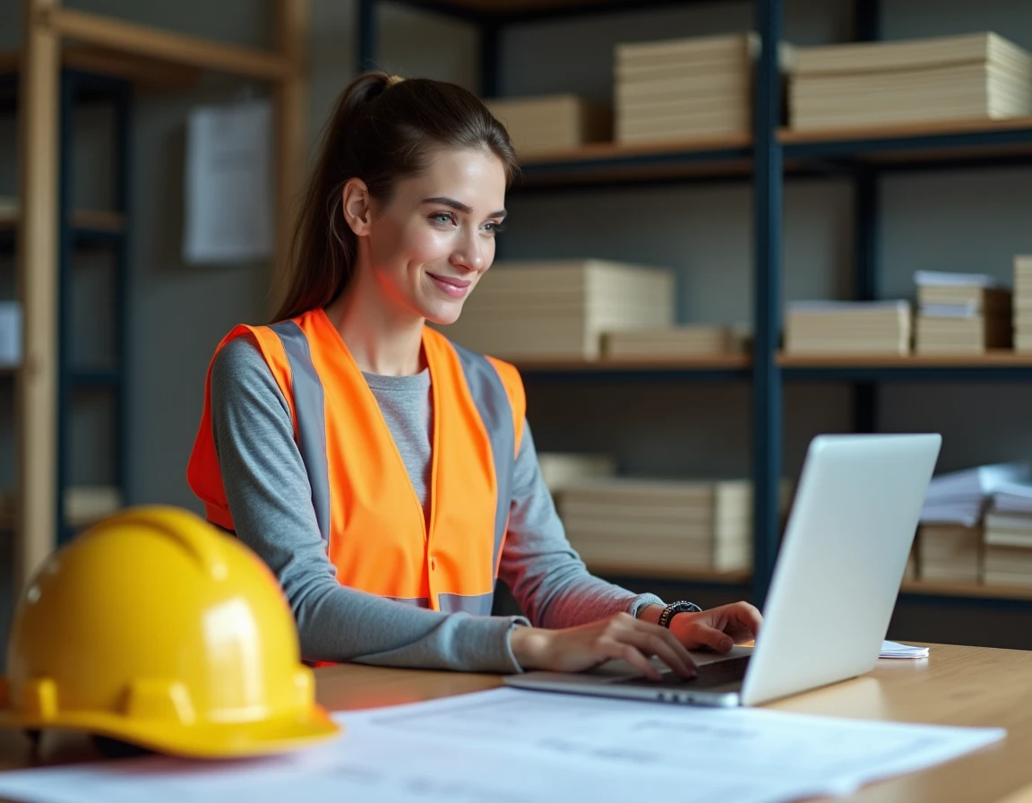 Femme en formation BTP en ligne sur un ordinateur portable dans un bureau de chantier avec casque et plans de construction