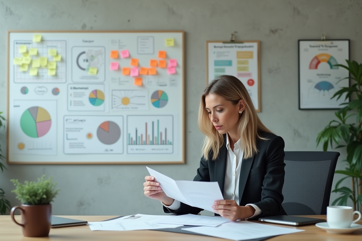 Femme d affaires analysant un plan stratégique au bureau