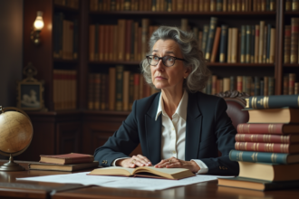 Femme réfléchie en bibliothèque avec livres et instruments scientifiques