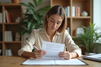 Femme relisant et annotant une lettre de motivation imprimée à son bureau à domicile
