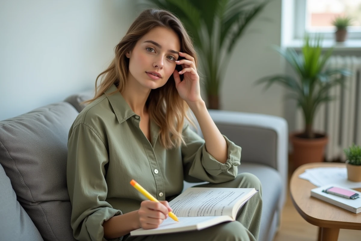 Femme surlignant les terminaisons des verbes du 2ème groupe dans un manuel de grammaire française sur un canapé dans un appartement moderne