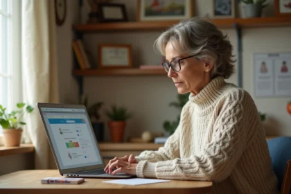 Femme concentrée sur son ordinateur dans un intérieur cosy