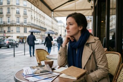 Femme pensante dans un café parisien en trench beige