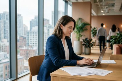 Femme professionnelle travaillant sur un ordinateur portable dans un bureau moderne avec vue sur la ville