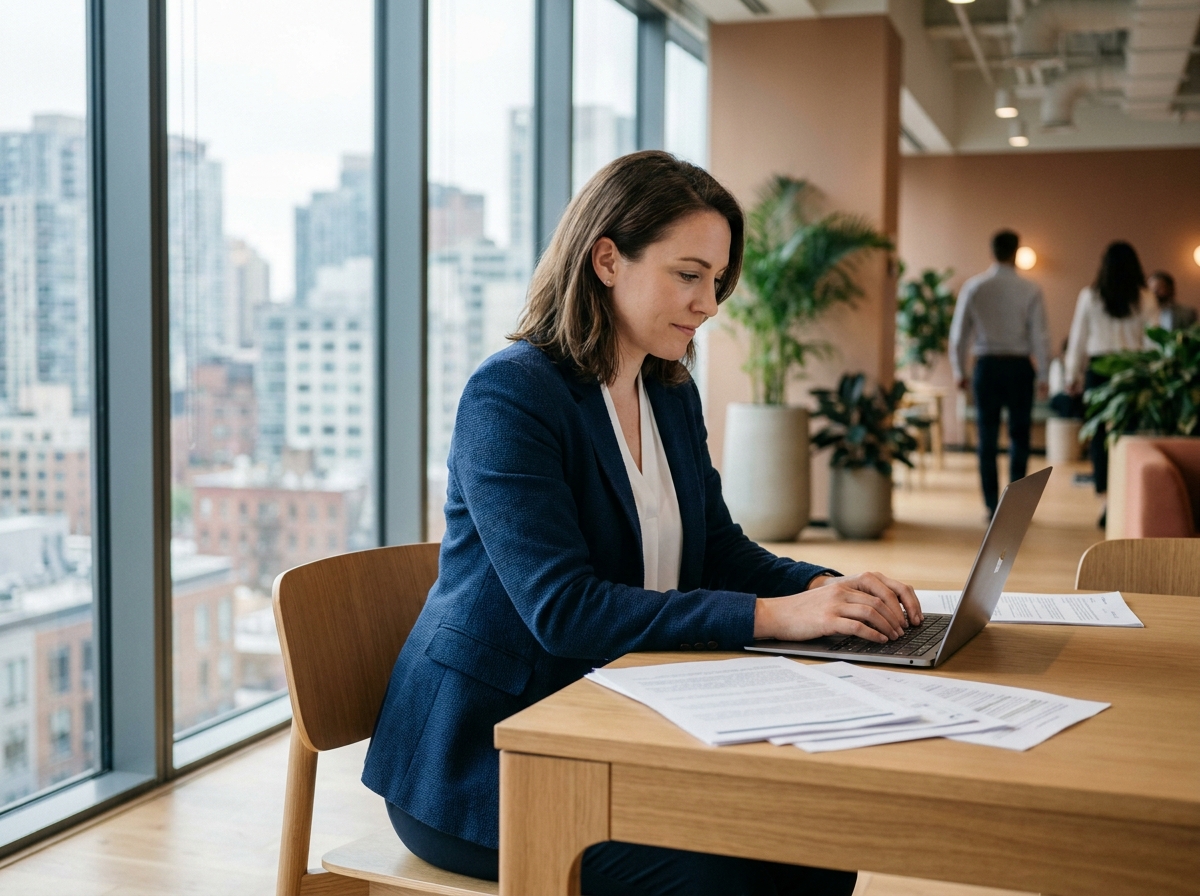 Femme professionnelle travaillant sur un ordinateur portable dans un bureau moderne avec vue sur la ville