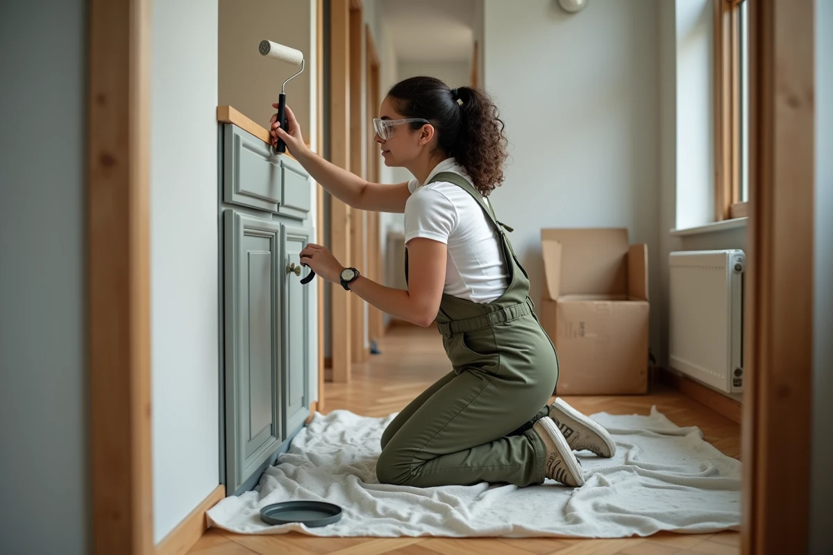 Jeune femme en salopette peignant un meuble en bois dans un couloir d'appartement avec rouleau et peinture grise
