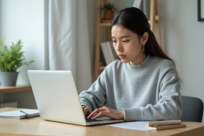 Jeune femme concentrée passant un test de QI en ligne sur un ordinateur portable dans un bureau minimaliste