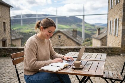 Jeune femme travaillant au café avec le viaduc de Millau