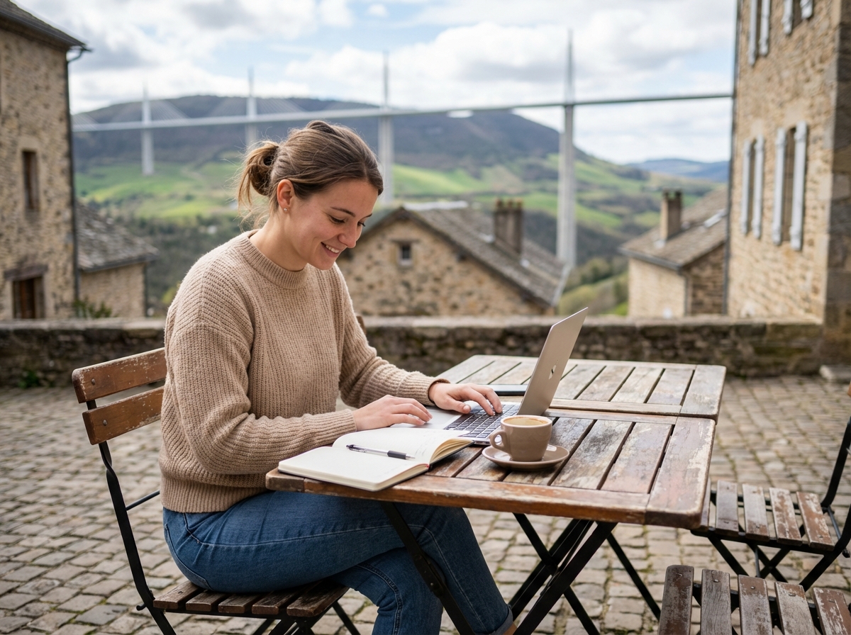 Jeune femme travaillant au café avec le viaduc de Millau