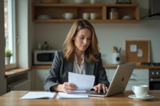 Femme en milieu domestique travaillant sur documents et ordinateur