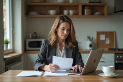Femme en milieu domestique travaillant sur documents et ordinateur