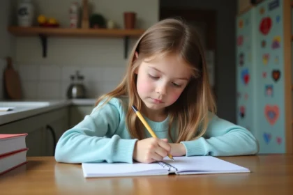 Jeune fille de 10 ans écrivant en français à l'école