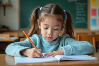 Fillette de CE2 concentrée en train d'écrire dans son cahier de lecture avec des fiches de vocabulaire au tableau