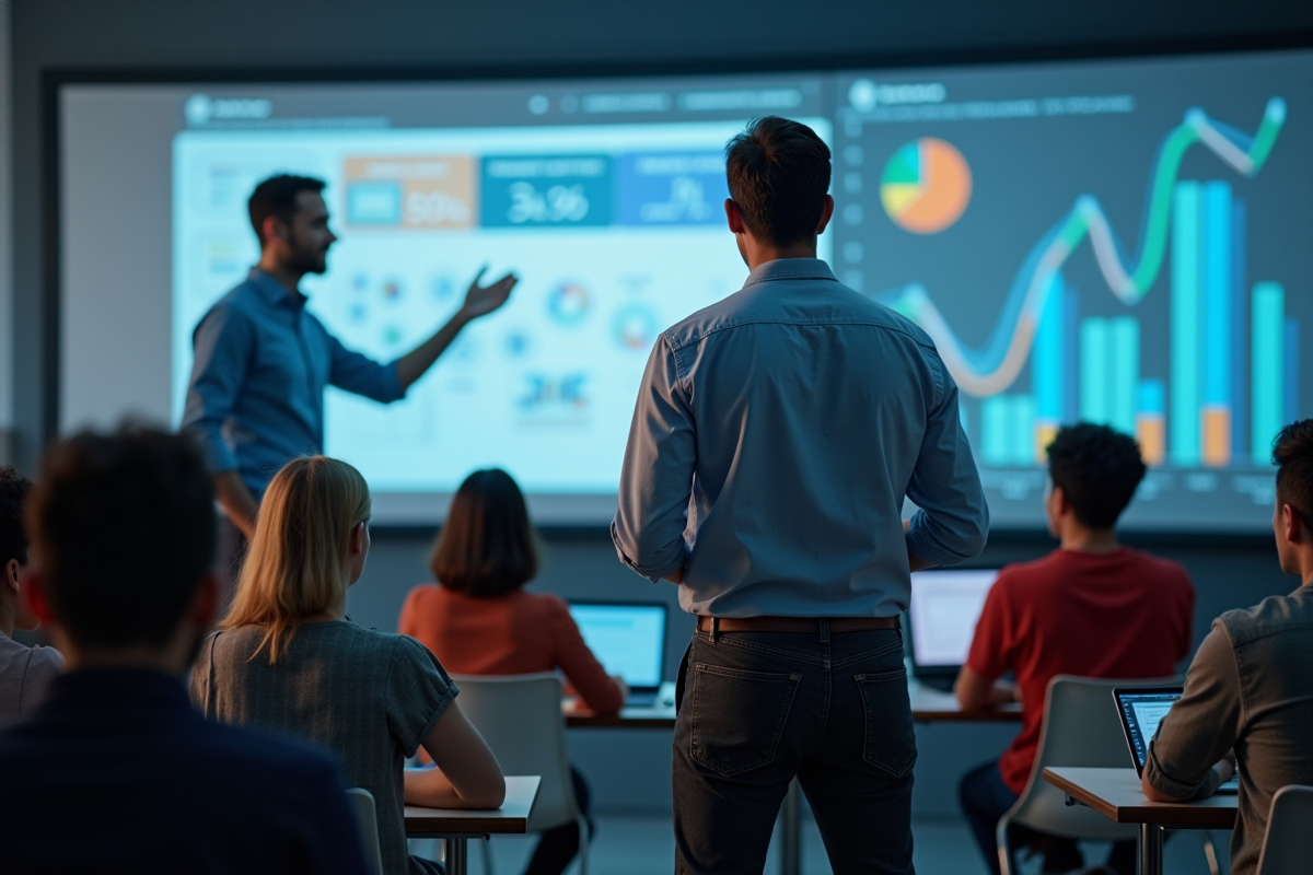 Formateur en classe hightech avec participants attentifs