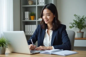 Femme concentrée suivant une formation en ligne pour un métier bien payé sur la plateforme Oulala.net depuis son bureau à domicile