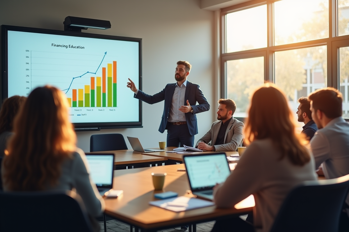Groupe d adultes en formation avec un graphique coloré sur le tableau