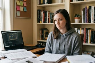 Jeune femme étudiant le game design à son bureau avec des notes manuscrites et un cours en ligne ouvert sur ordinateur portable