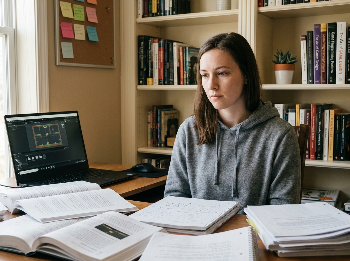 Jeune femme étudiant le game design à son bureau avec des notes manuscrites et un cours en ligne ouvert sur ordinateur portable
