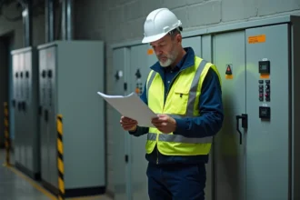 Travailleur non-électricien en gilet jaune consultant une fiche de sécurité devant une armoire électrique industrielle lors d'une formation habilitation électrique B0 H0