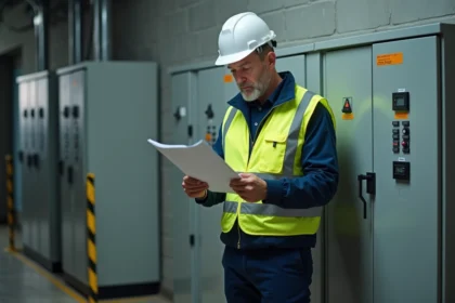 Travailleur non-électricien en gilet jaune consultant une fiche de sécurité devant une armoire électrique industrielle lors d'une formation habilitation électrique B0 H0