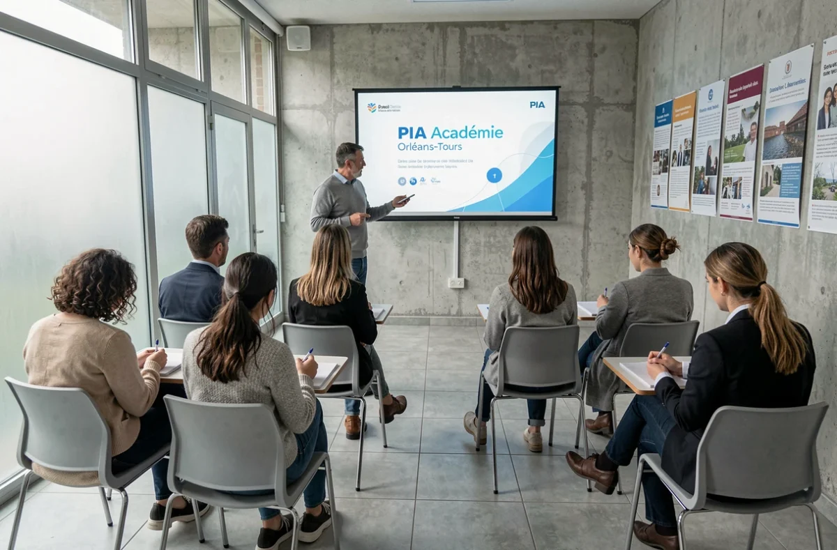 Formateur présentant PIA Académie Orléans-Tours à un groupe de nouveaux enseignants lors d'une session d'initiation en salle de séminaire