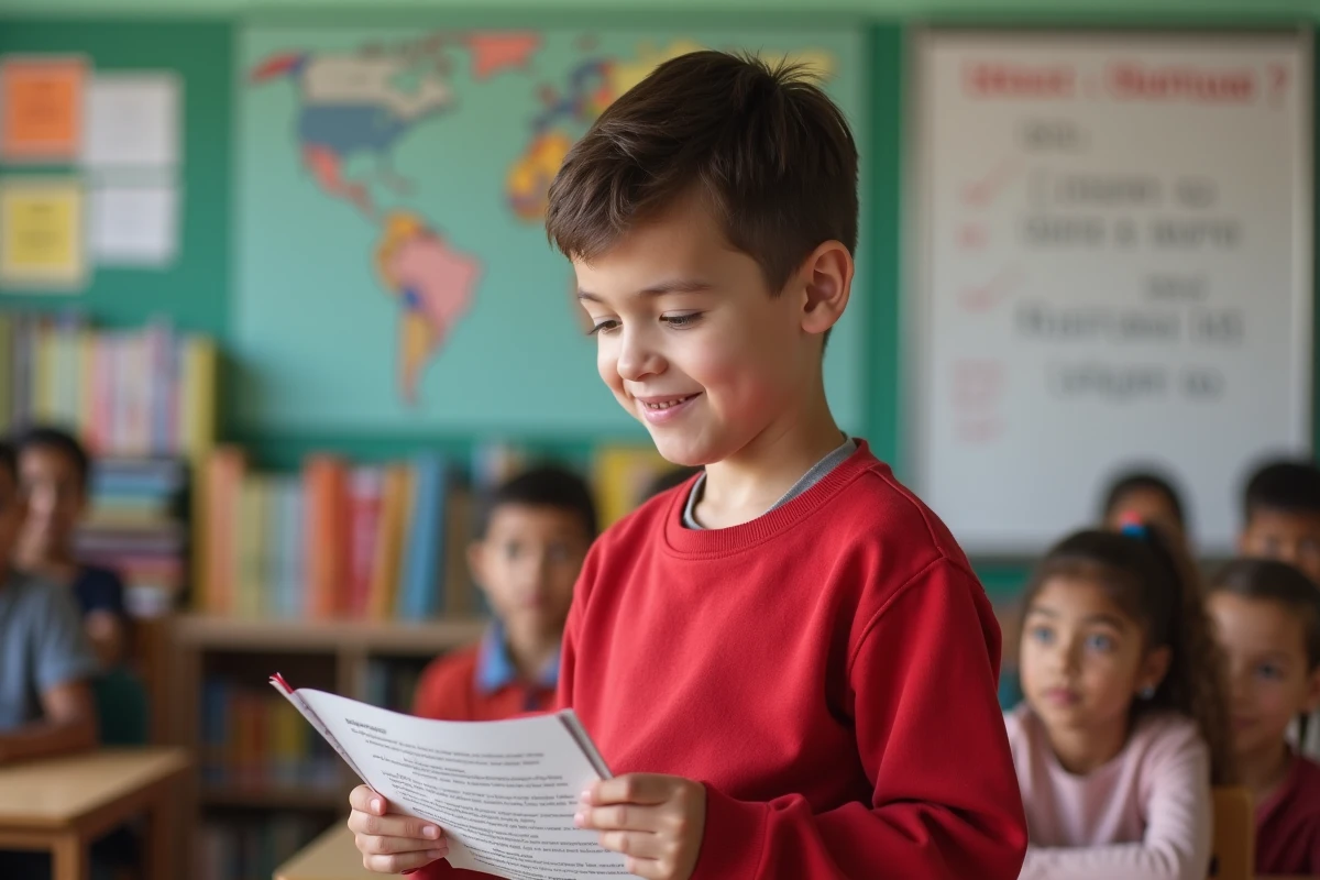 Garçon de 10 ans lisant en classe de français