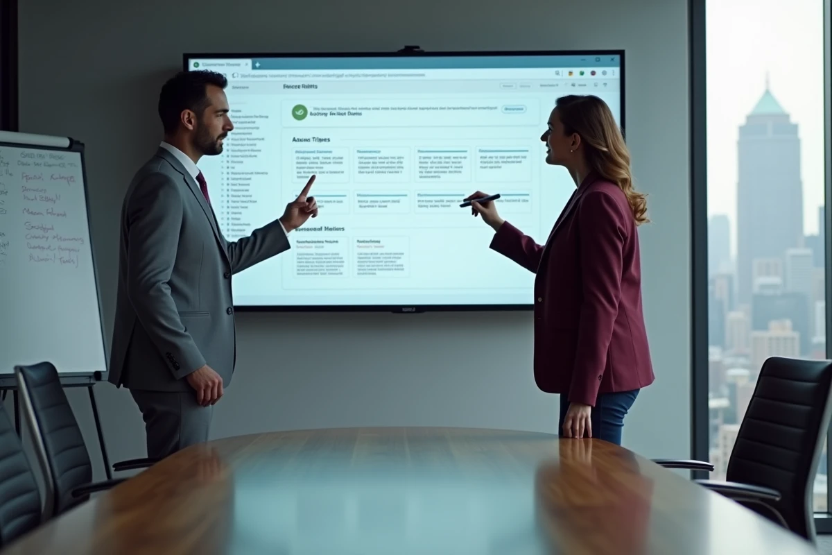 Deux professionnels en salle de réunion gérant les droits d'accès et les rôles utilisateurs sur un extranet d'entreprise