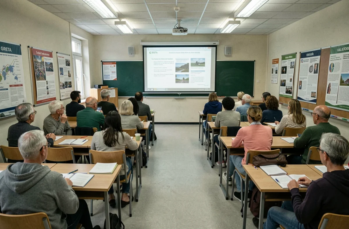 Groupe d'adultes en formation linguistique dans une salle de cours institutionnelle du GRETA du Val-d'Oise