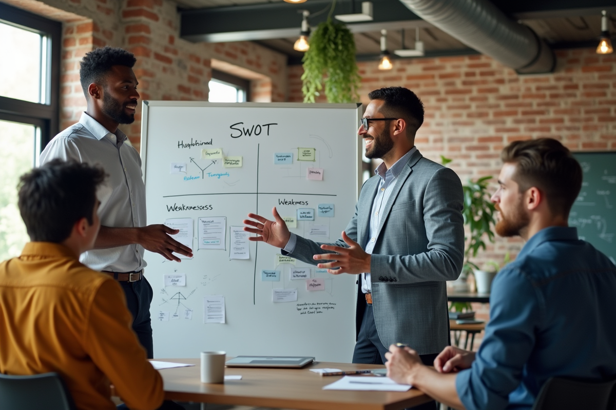 Groupe de jeunes professionnels discutant autour d un tableau SWOT