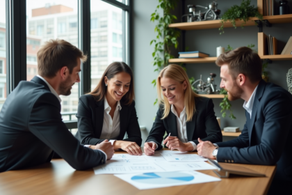 Groupe de quatre adultes en réunion de travail en bureau