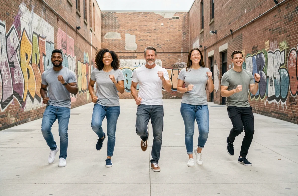 Groupe de débutants en ligne pratiquant la danse Madison en plein air sur une place urbaine