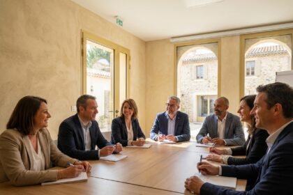 Groupe de professionnels en réunion dans une salle moderne en Provence