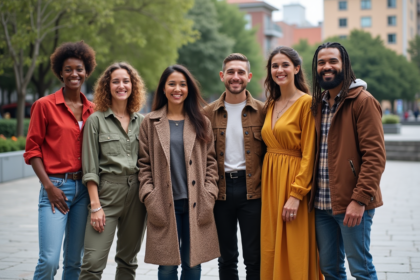 Groupe divers d adultes en vêtements culturels dans une place urbaine
