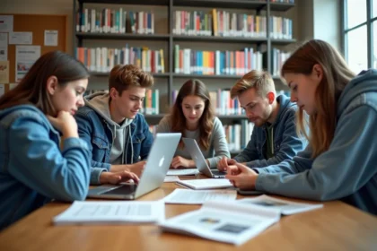 Jeunes lycéens autour d'une table en bibliothèque lumineuse