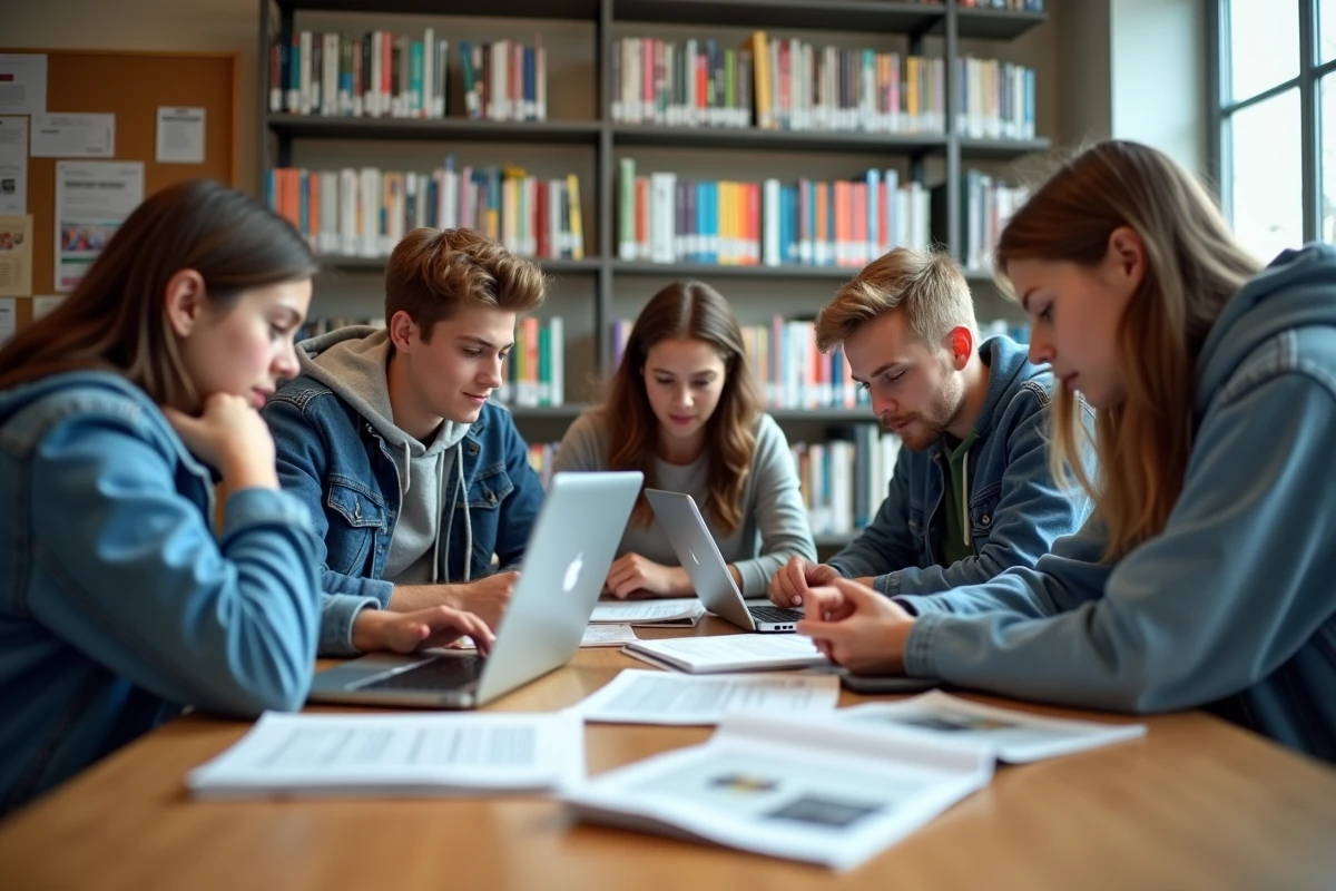 Jeunes lycéens autour d'une table en bibliothèque lumineuse