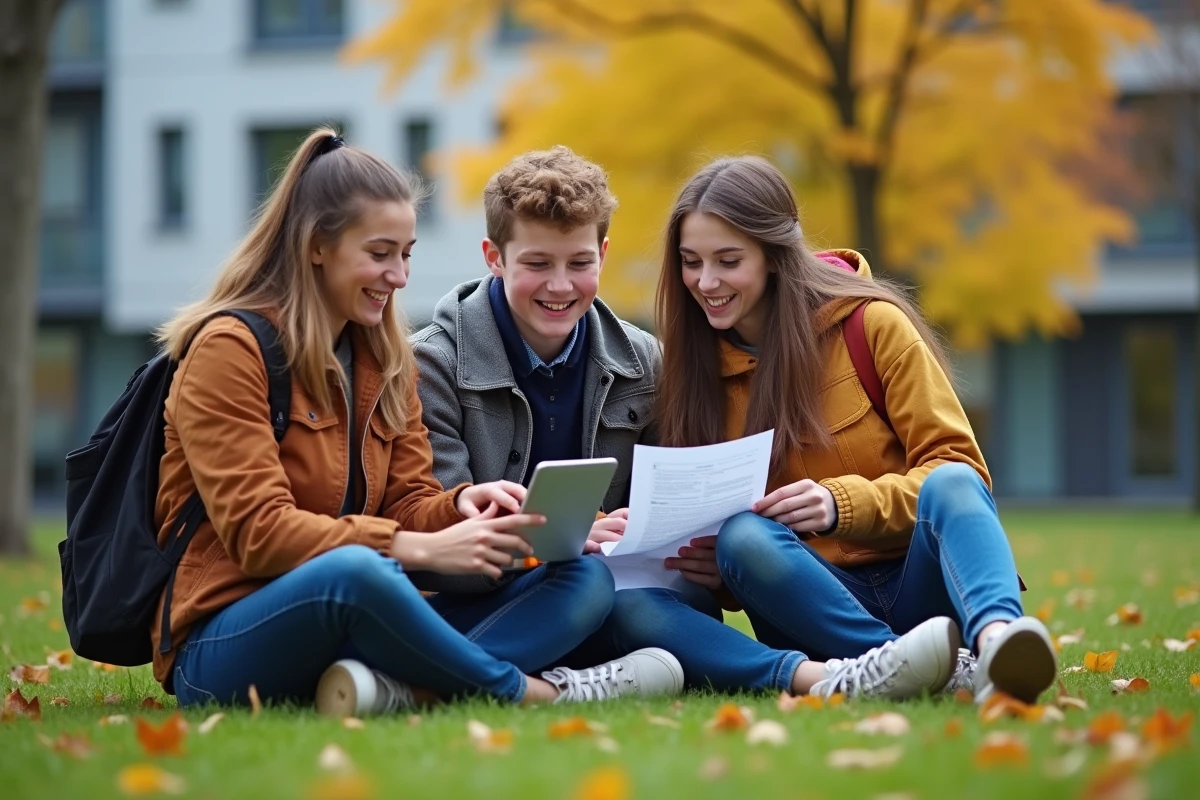 Trois étudiants français discutant sur un campus en automne