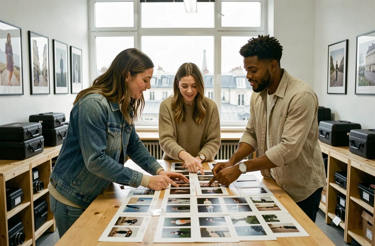 Groupe d'étudiants en reconversion discutant de portfolios photographiques dans une salle de cours à Paris