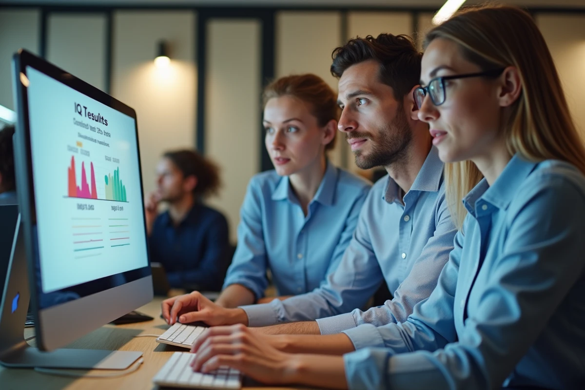 Groupe de collègues découvrant les résultats d'un test de QI en ligne sur un écran de bureau au bureau