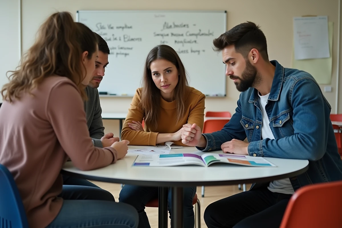 Groupe de personnes sans papiers étudiant des brochures de formation professionnelle dans un centre communautaire