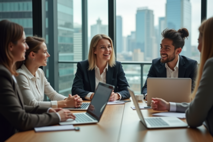 Groupe de jeunes professionnels en réunion dans un bureau moderne