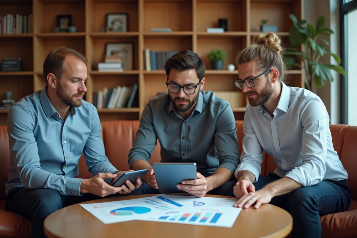 Groupe de trois personnes en formation dans un espace coworking