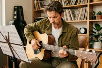 Guitariste acoustique adulte étudiant une tablature de Let It Be dans une salle de musique chaleureuse et décorée