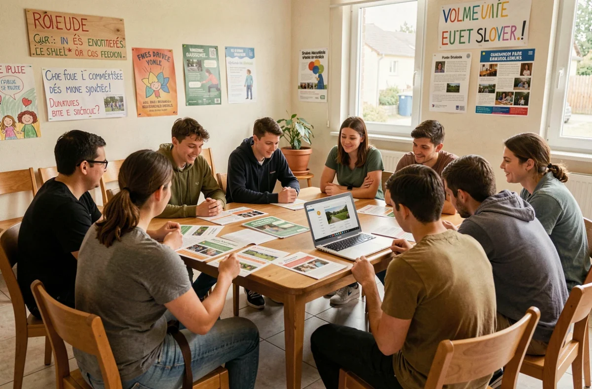 Un groupe de bénévoles et d'adhérents d'un réseau associatif girondin via HelloAsso réunis dans un espace communautaire pour organiser des actions de soutien scolaire local