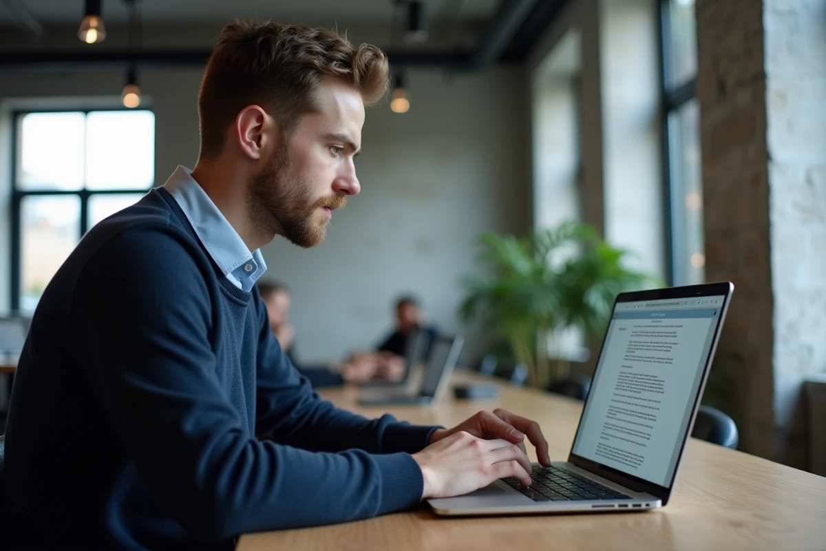 Homme en train d'adapter sa lettre de motivation sur un ordinateur portable dans un espace de coworking