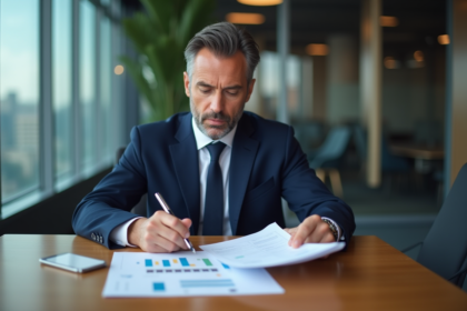Homme d'affaires français en costume bleu examine des rapports financiers