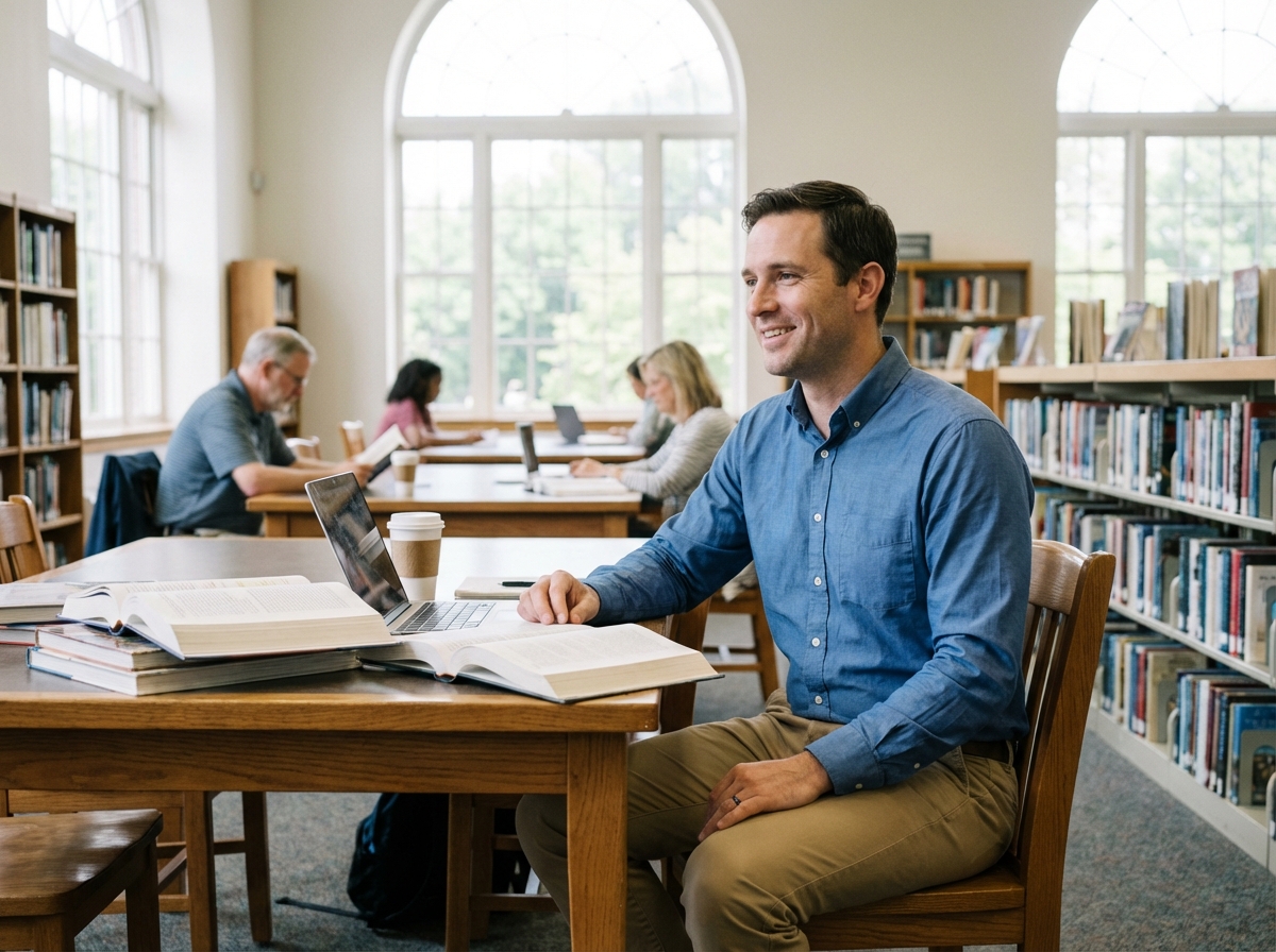 Homme souriant lisant dans une bibliothèque lumineuse