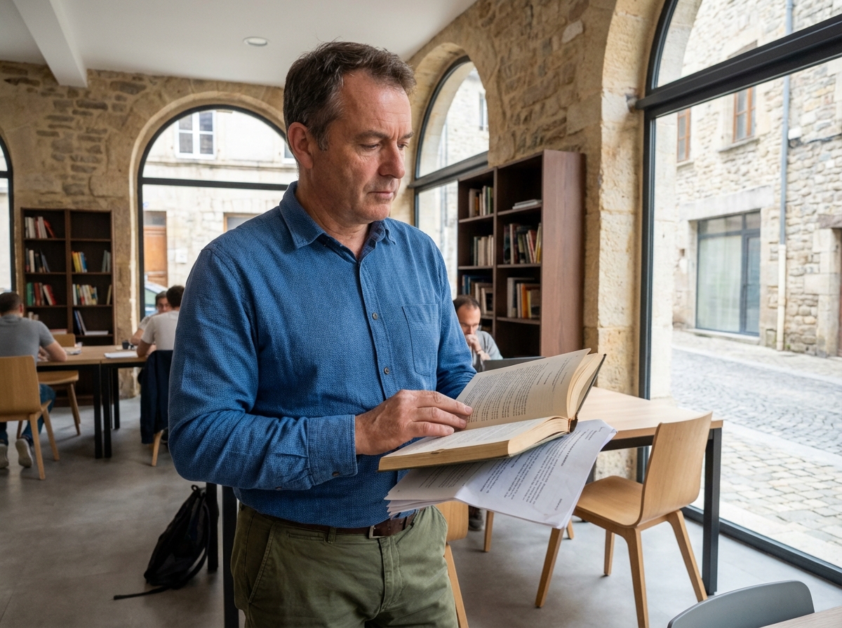 Homme en coworking à Millau avec documents et livres