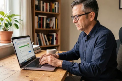 Homme consultant son compte CPF sur un ordinateur portable dans un bureau à domicile pour s'inscrire à une formation bricolage éligible