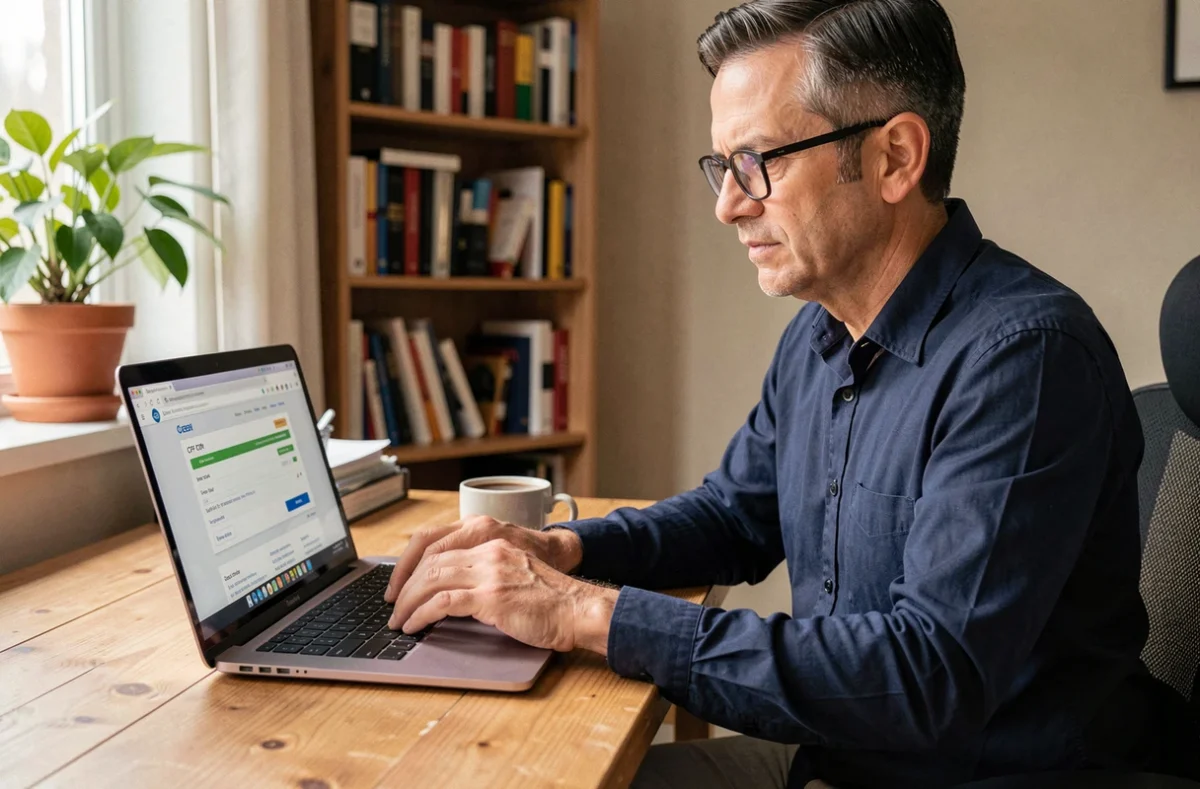 Homme consultant son compte CPF sur un ordinateur portable dans un bureau à domicile pour s'inscrire à une formation bricolage éligible